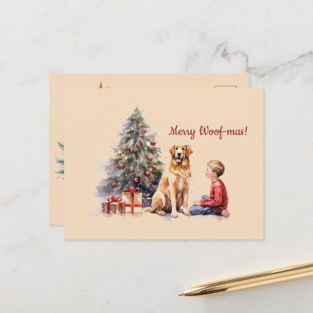 Merry Woof-mas Dog Boy Tree Christmas Postcard (Front/Back In Situ)