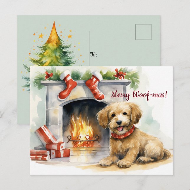 Merry Woof-mas Dog Fireplace Christmas Postcard (Front/Back)