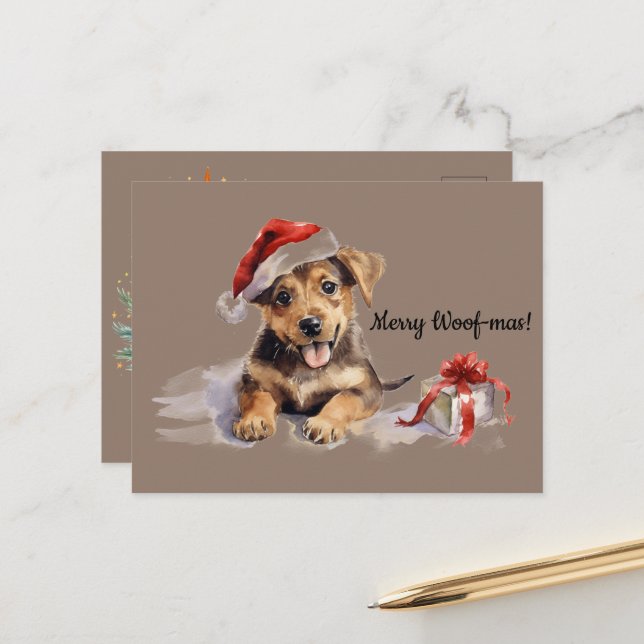 Merry Woof-mas Dog Presents Santa Hat Christmas  Postcard (Front/Back In Situ)