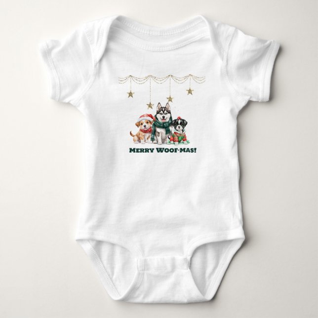 Merry Woof-Mas Three Cute Puppies under Stars Baby Bodysuit (Front)