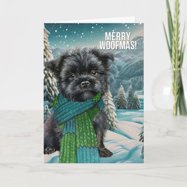 Merry Woofmas Affenpinscher Dog in Winter Scarf Holiday Card (Front)