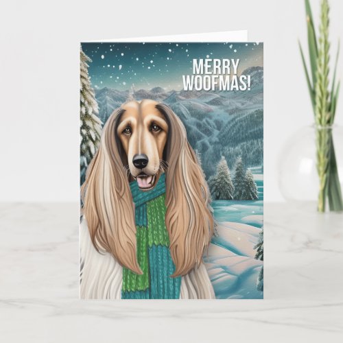 Merry Woofmas Afghan Hound Dog in Winter Scarf Holiday Card