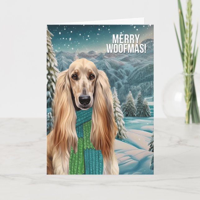 Merry Woofmas Afghan Hound Dog in Winter Scarf Holiday Card (Front)