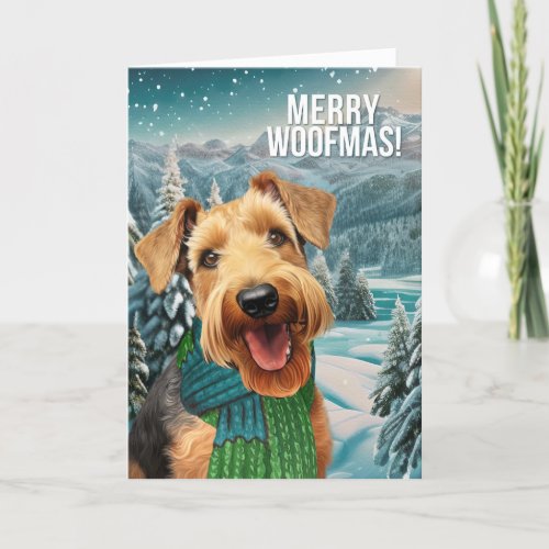 Merry Woofmas Airedale Terrier Dog in Winter Scarf Holiday Card