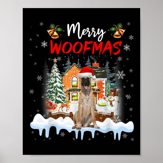 Merry Woofmas Belgian Shepherd Christmas Tree Dog  Poster (Front)