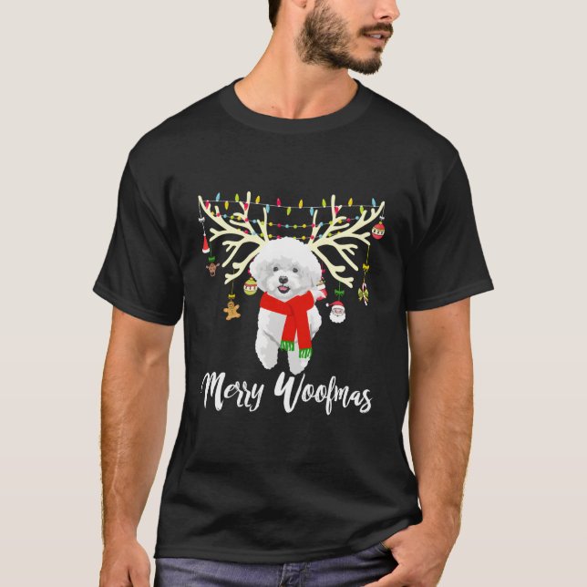 Merry Woofmas Bichon Frise Reindeer Christmas Dog T-Shirt (Front)