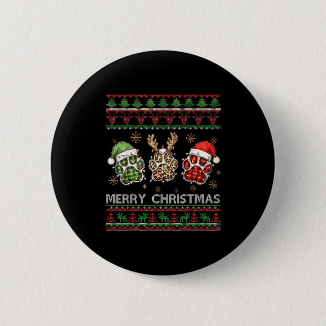 Merry Woofmas Christmas Dog Paws Leopard Ugly Swea Button (Front)