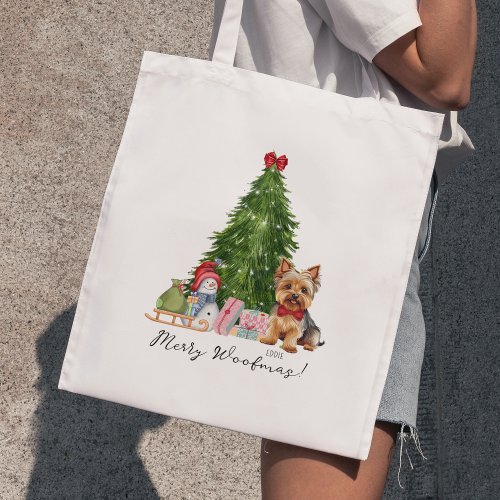 Merry Woofmas Christmas Gift with Yorkie Name Tote Bag