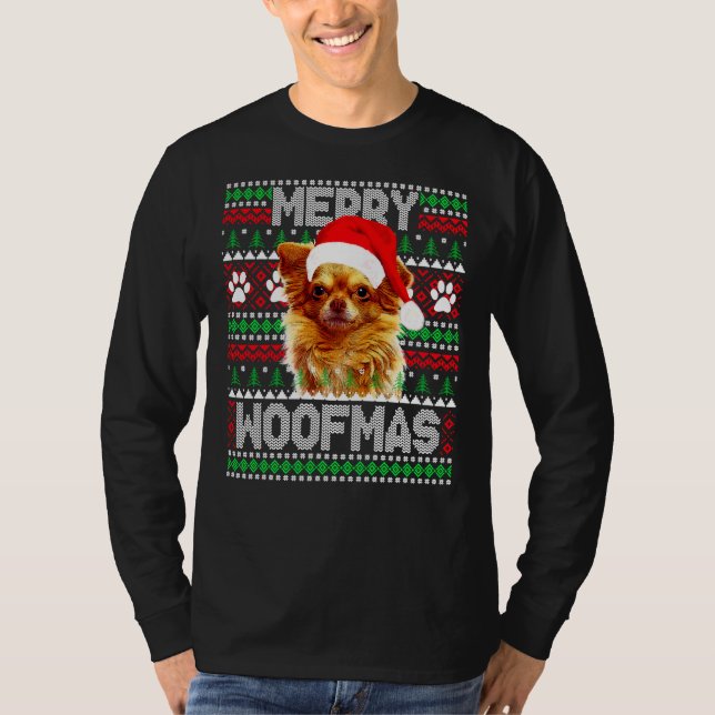 Merry Woofmas Cute Long Coat Chihuahua Dog Ugly Sw T-Shirt (Front)