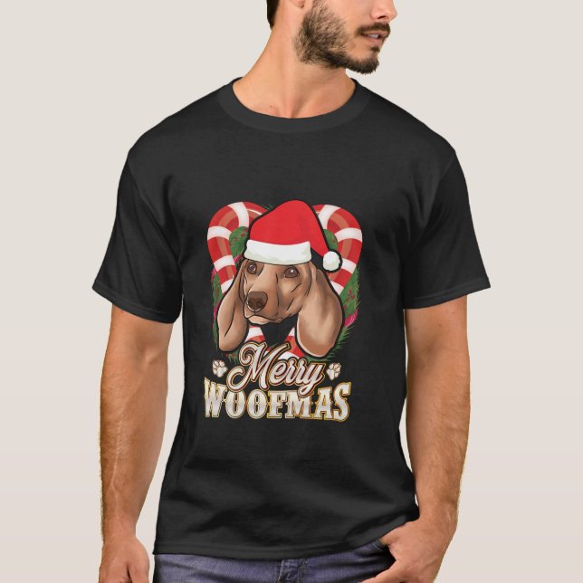 Merry Woofmas Dachshund With Santa Claus Hat Dog C T-Shirt (Front)