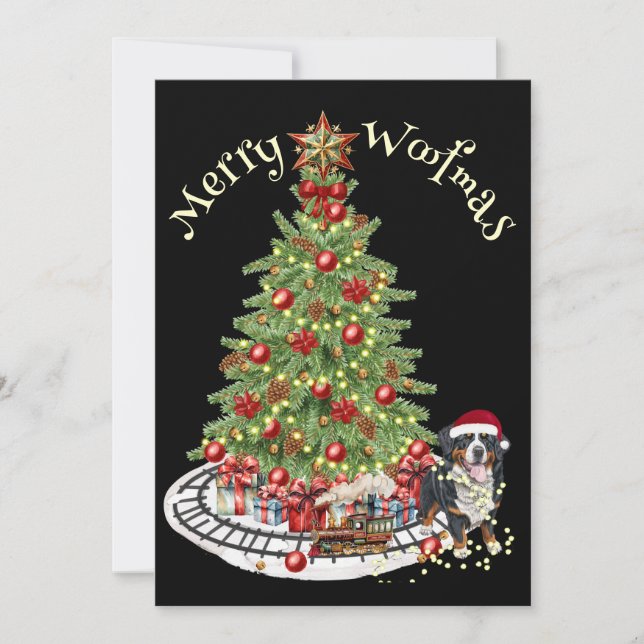 Merry Woofmas Dog Design- Bernese Mountain Dog Holiday Card (Front)