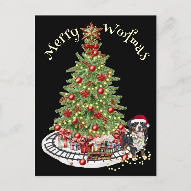 Merry Woofmas Dog Design- Bernese Mountain Dog Postcard (Front)