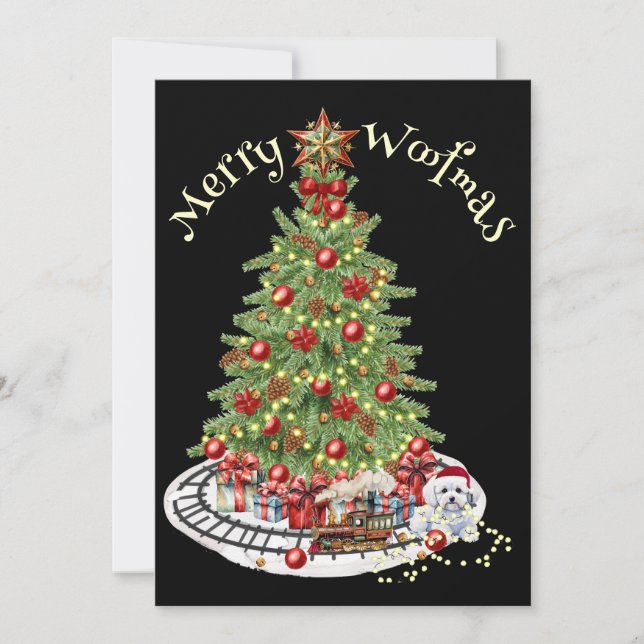 Merry Woofmas Dog Design- Bichon Frise Holiday Card (Front)