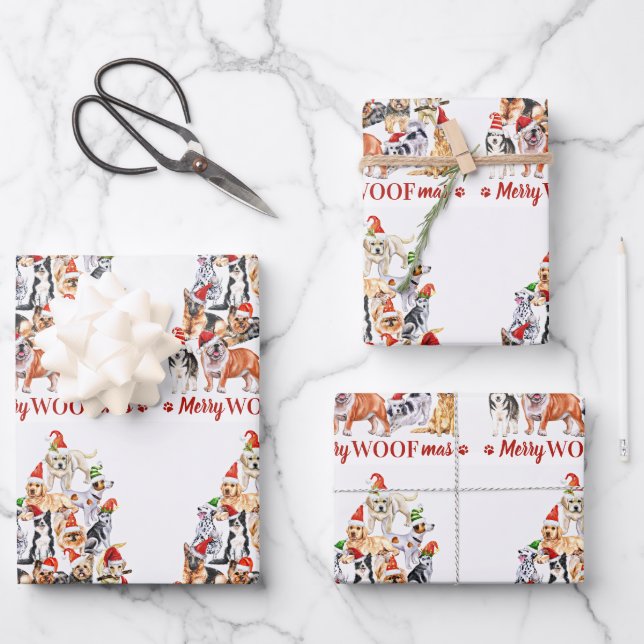 Merry Woofmas Dog Lover Christmas Tree Dogs Wrapping Paper Sheets (Front)