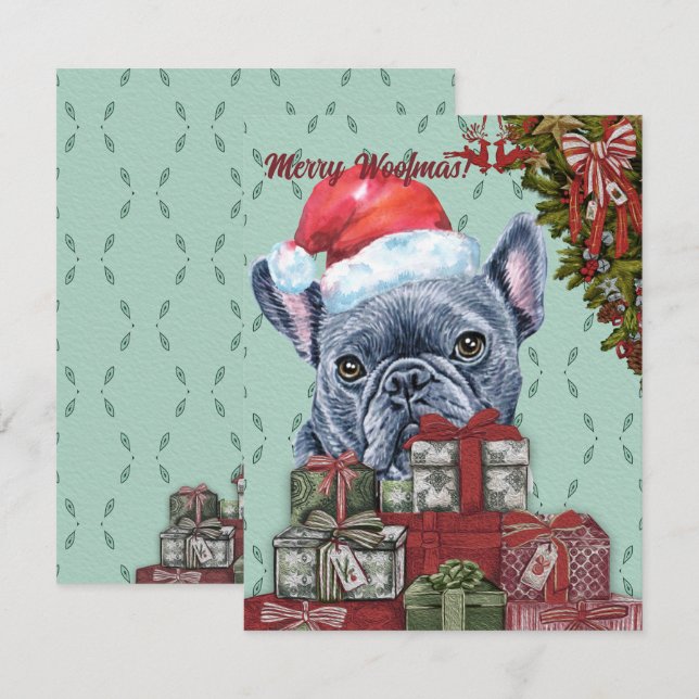 Merry Woofmas! French Bulldog Santa Hat Christmas Note Card (Front/Back)