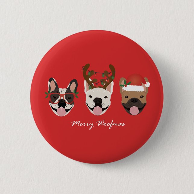 Merry Woofmas French Bulldogs Christmas Heads Button (Front)