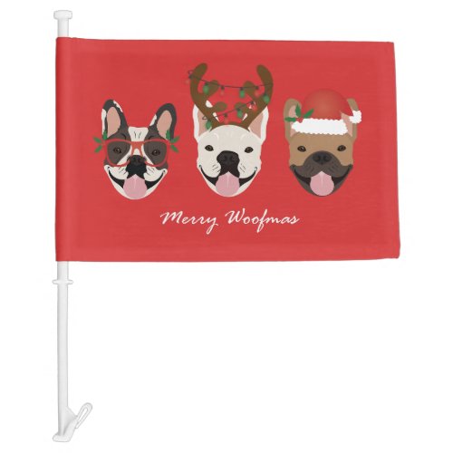 Merry Woofmas French Bulldogs Christmas Heads Car Flag