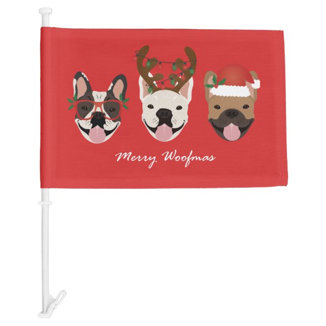 Merry Woofmas French Bulldogs Christmas Heads Car Flag (Front)
