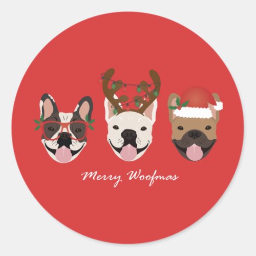 Merry Woofmas French Bulldogs Christmas Heads Classic Round Sticker