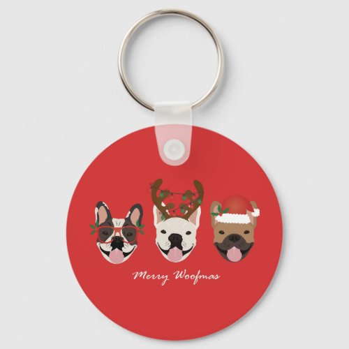 Merry Woofmas French Bulldogs Christmas Heads Keychain