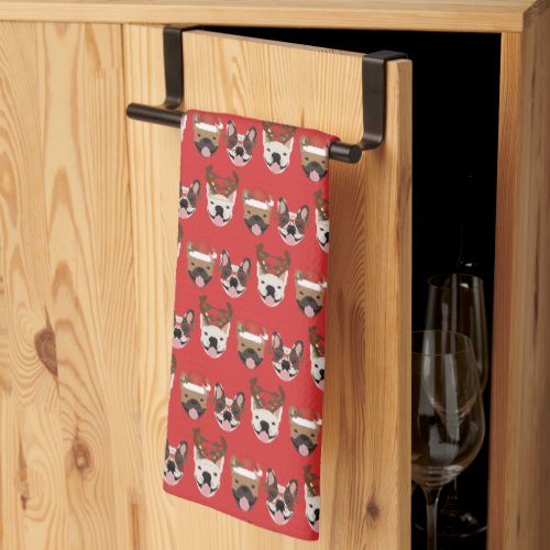 Merry Woofmas French Bulldogs Christmas Heads Kitchen Towel