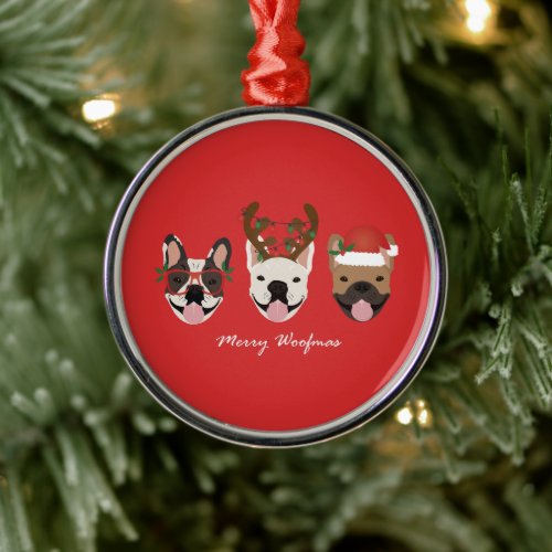 Merry Woofmas French Bulldogs Christmas Heads Metal Ornament