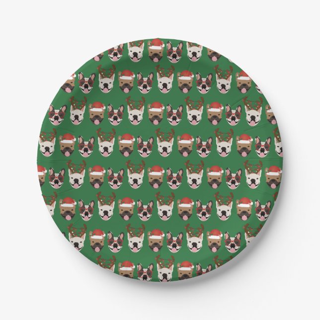 Merry Woofmas French Bulldogs Christmas Heads Paper Plates (Front)