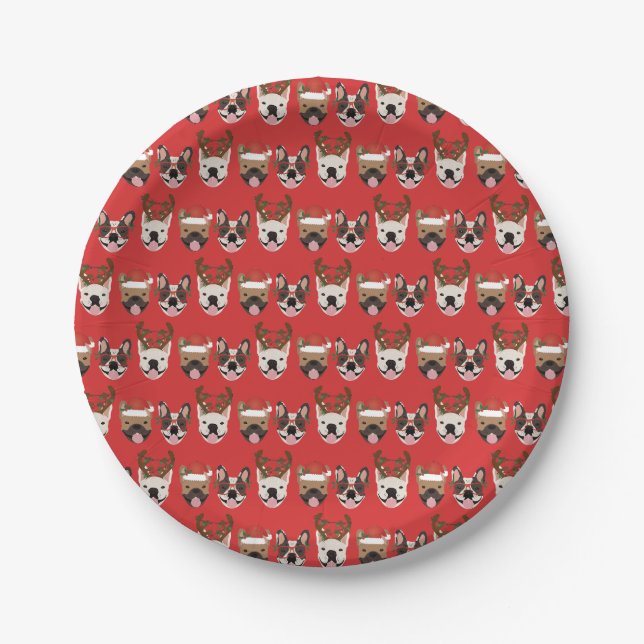 Merry Woofmas French Bulldogs Christmas Heads Paper Plates (Front)