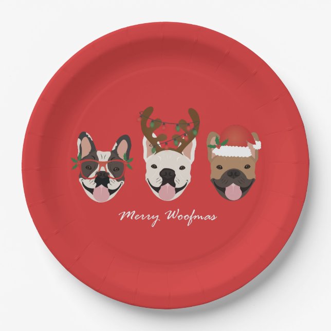Merry Woofmas French Bulldogs Christmas Heads Paper Plates (Front)