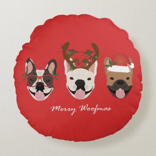 Merry Woofmas French Bulldogs Christmas Heads Round Pillow