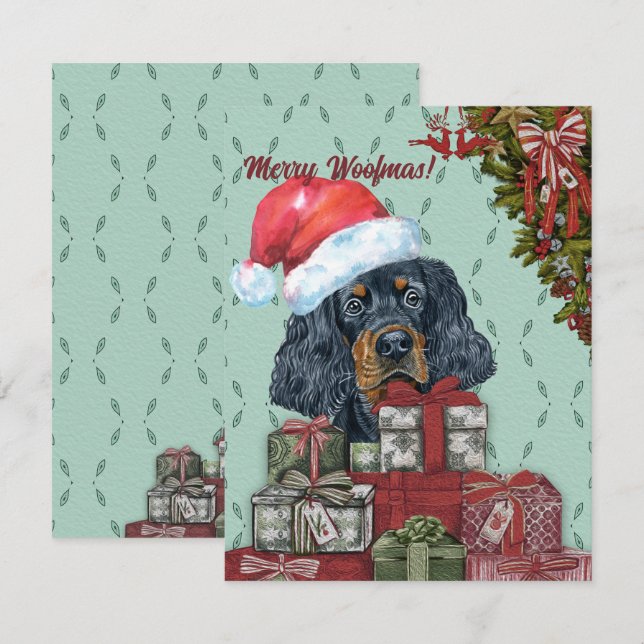 Merry Woofmas! Gordon Setter Santa Hat Christmas Note Card (Front/Back)