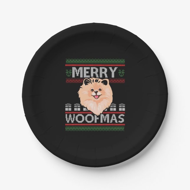 Merry Woofmas Pomeranian Christmas Dog Lover Gift  Paper Plates (Front)
