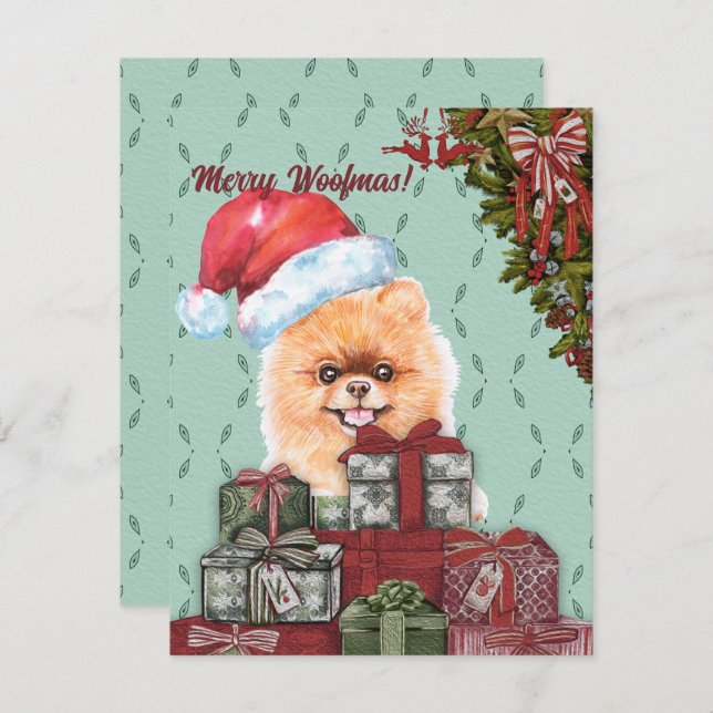Merry Woofmas! Pomeranian Dog Santa Hat Christmas Note Card (Front/Back)