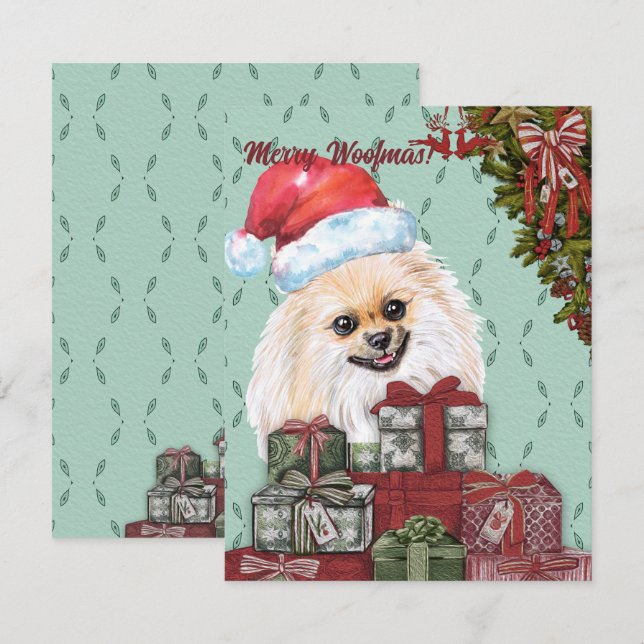 Merry Woofmas! Pomeranian Santa Hat Christmas Gift Note Card (Front/Back)