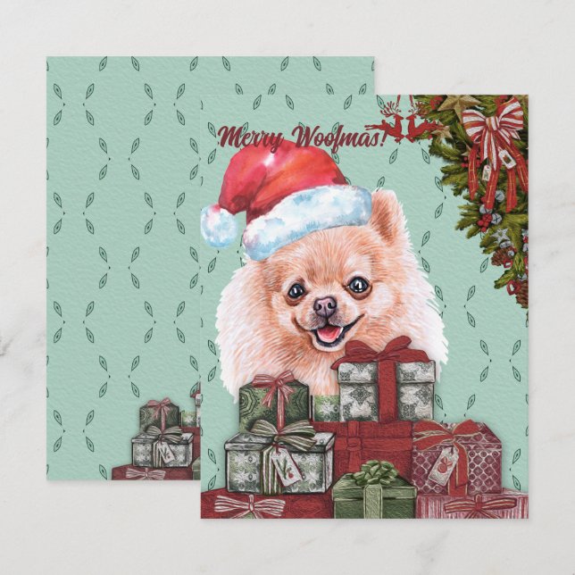 Merry Woofmas! Pomeranian Santa Hat Christmas Gift Note Card (Front/Back)