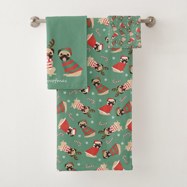Merry Woofmas Pug Dogs Bath Towel Set (Insitu)