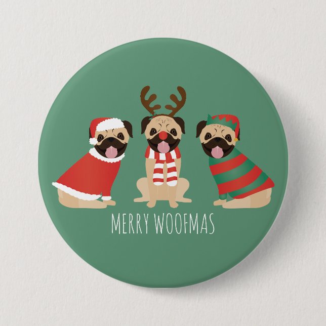 Merry Woofmas Pug Dogs Button (Front)