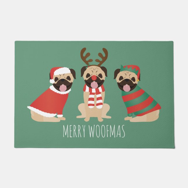 Merry Woofmas Pug Dogs Doormat (Front)