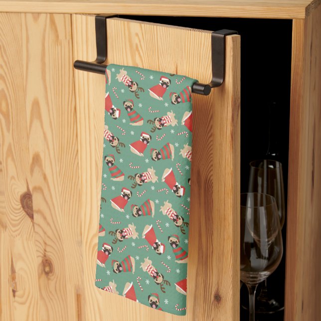 Merry Woofmas Pug Dogs Kitchen Towel (Thirds Fold)