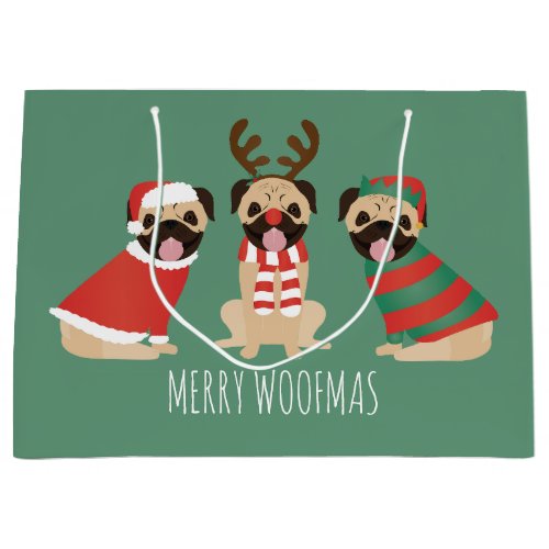 Merry Woofmas Pug Dogs Large Gift Bag