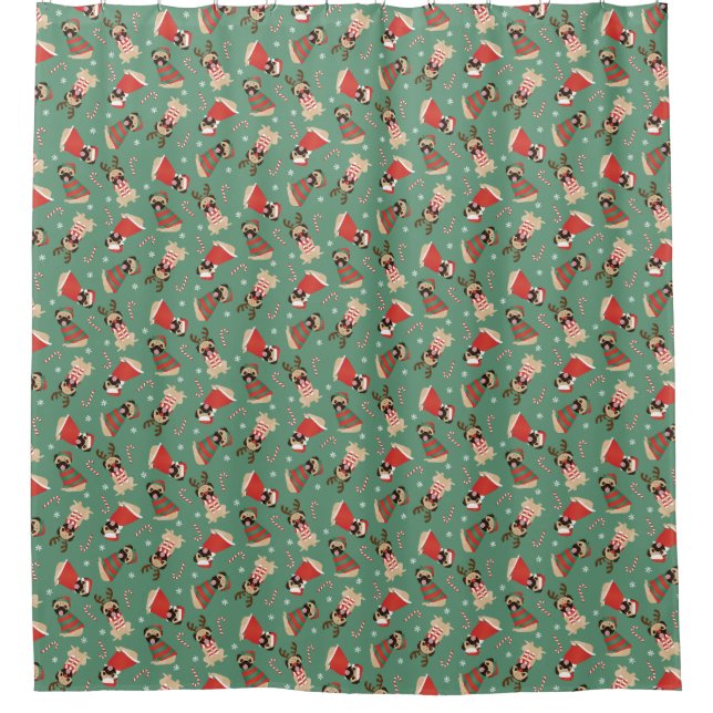 Merry Woofmas Pug Dogs Shower Curtain (Front)
