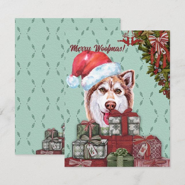 Merry Woofmas! Red Husky Santa Hat Christmas Gift Note Card (Front/Back)