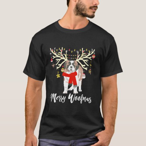 Merry Woofmas Saint Bernard Reindeer Christmas Dog T_Shirt