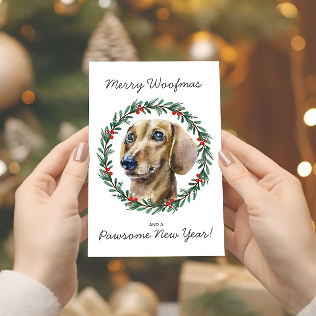 Merry Woofmas Watercolor Dachshund Wreath  Holiday Card (Edit any of the text on cardfront, also verse and 'from' text inside.)