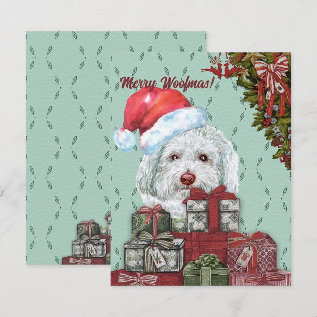 Merry Woofmas! White Poodle Santa Hat Christmas Note Card (Front/Back)