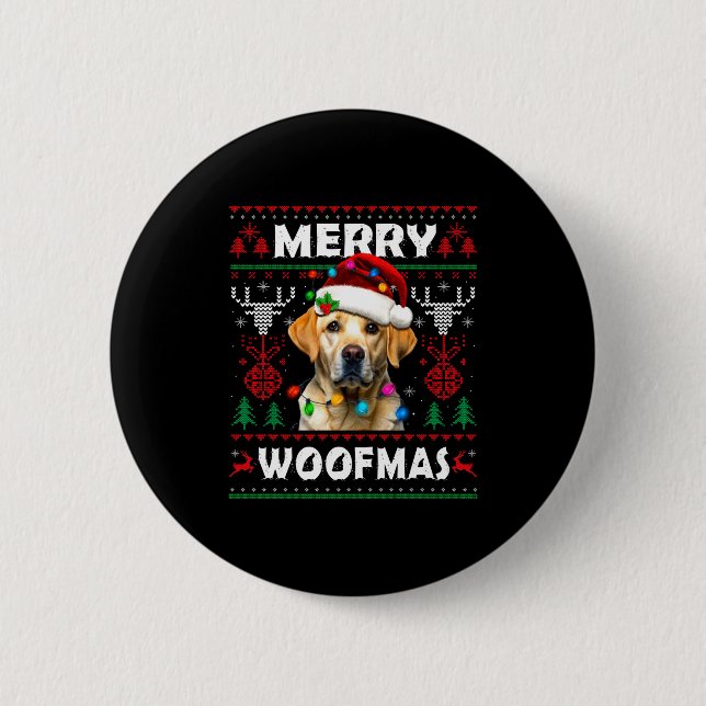 Merry Woofmas Yellow Labrador Christmas Ugly Sweat Button (Front)