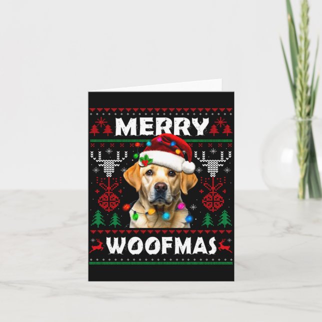 Merry Woofmas Yellow Labrador Christmas Ugly Sweat Card (Front)
