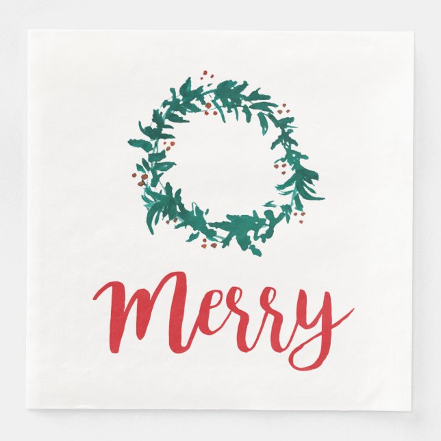 Merry Wreath Berry Red Script Christmas Paper Dinner Napkins (Front)