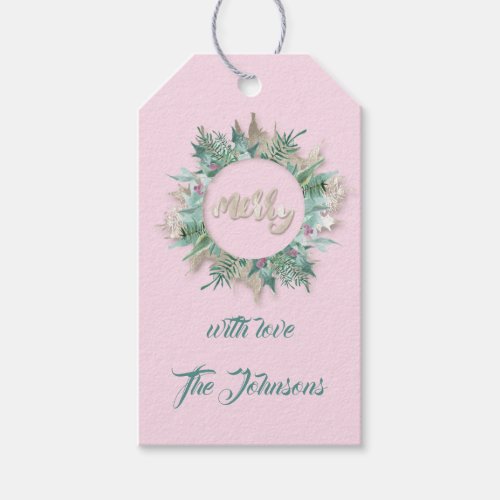 Merry WreathTeal Pink Gray Holidays Name 3D Gift Tags