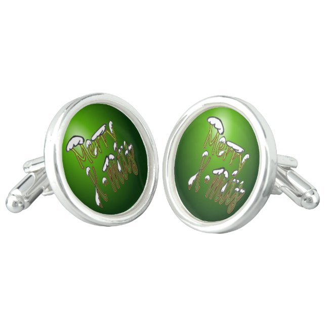 Merry X-mas Green Lettering Cufflinks (Angled)
